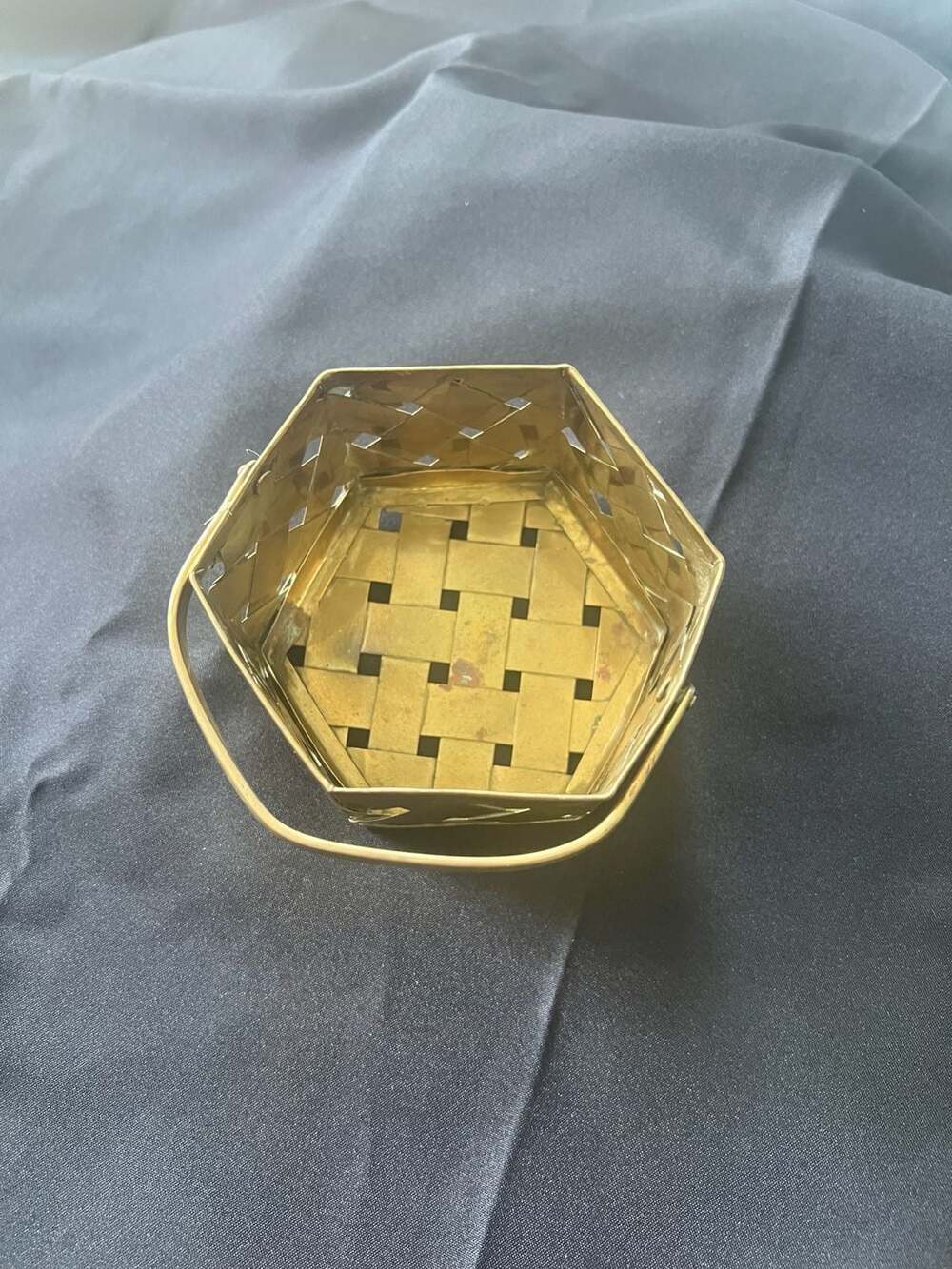 Vintage Hexagonal Woven Brass Basket with Swing Handle